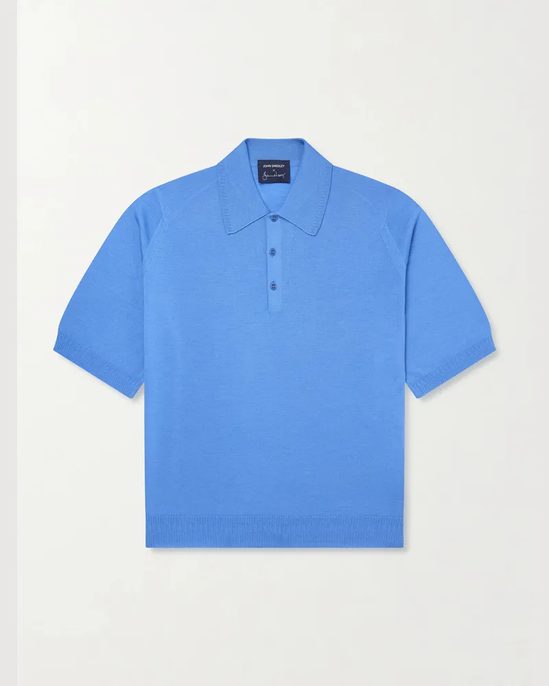 John Smedley Bill Nighy Merino Wool Polo T-Shirt Blue