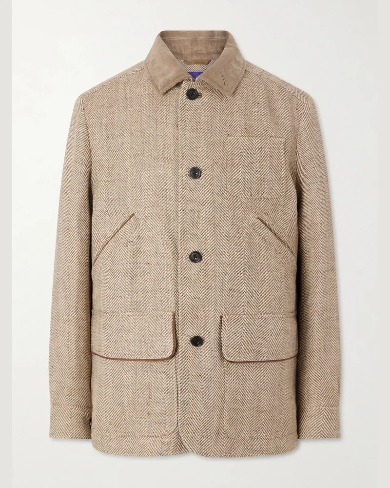 Ralph Lauren Corduroy and Suede-Trimmed Herringbone Linen Field Jacket Brown
