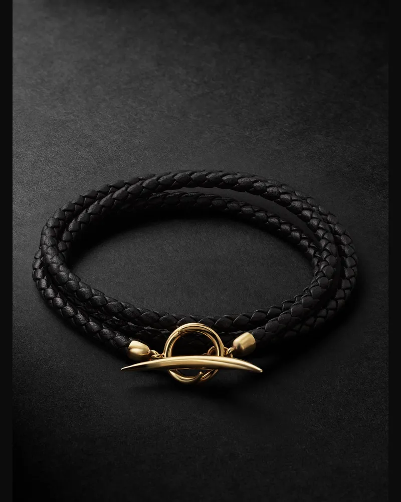 Shaun Leane Quill Wickelarmband aus geflochtenem Leder mit Detail aus Gold-Vermeil Schwarz