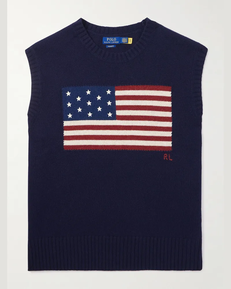 Ralph Lauren Ärmelloser Pullover aus einer Woll-Baumwollmischung mit Intarsienmotiv Blau