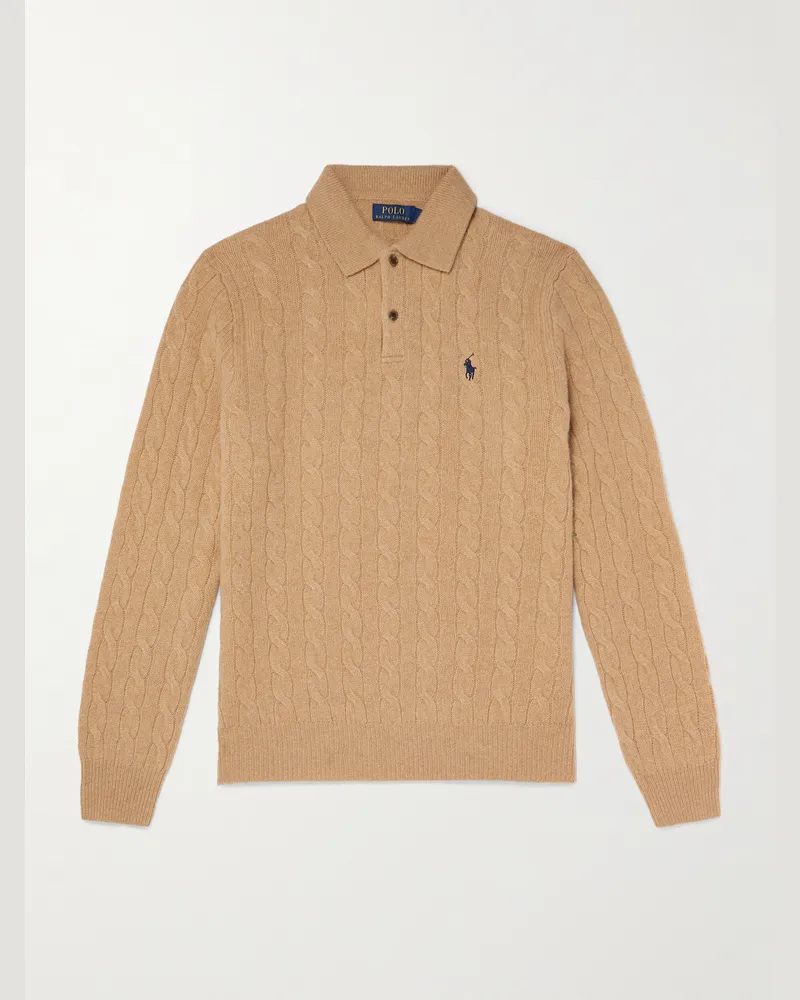 Ralph Lauren Pullover aus einer Woll-Kaschmirmischung in Zopfstrick mit Logostickerei und Polokragen Neutral