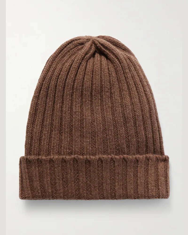 Thom Sweeney Ribbed Cashmere Beanie Brown
