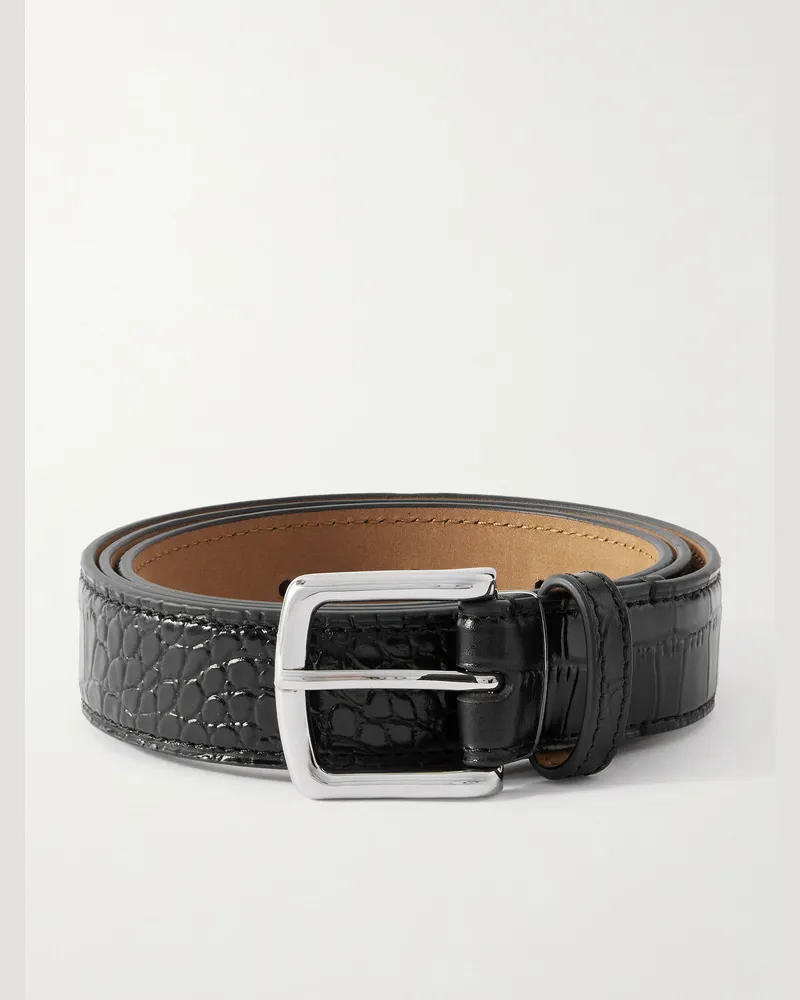 George Cleverley 3cm Croc-Effect Leather Belt Black