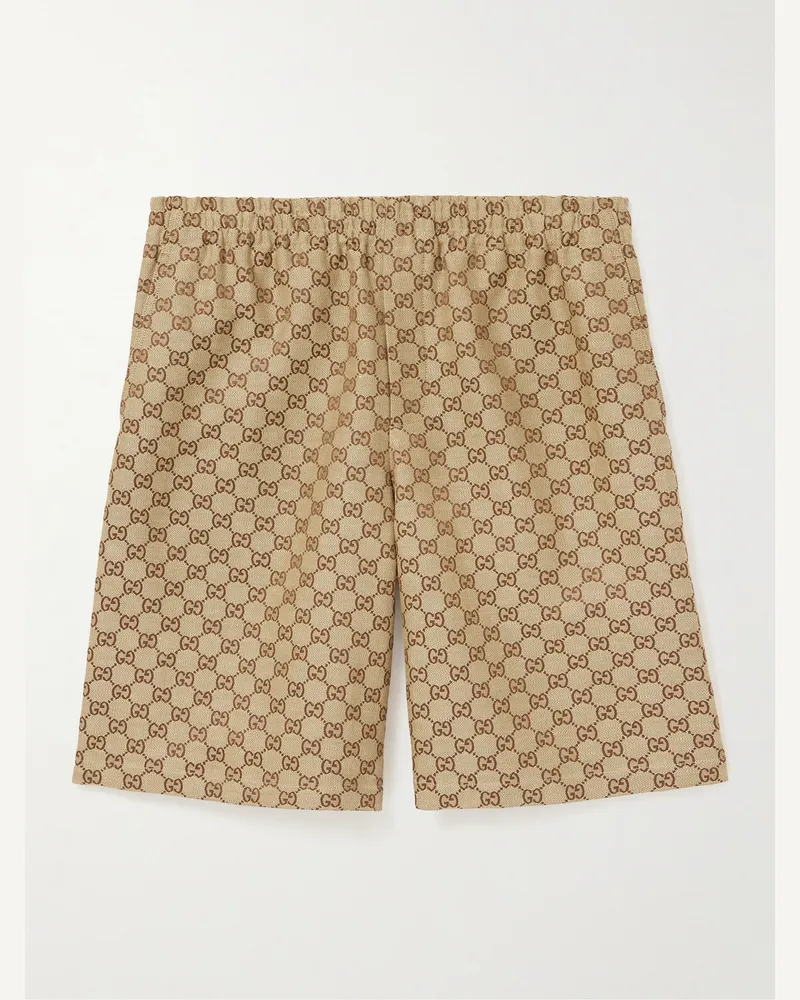 Gucci Wide-Leg Monogrammed Linen-Blend Shorts Brown