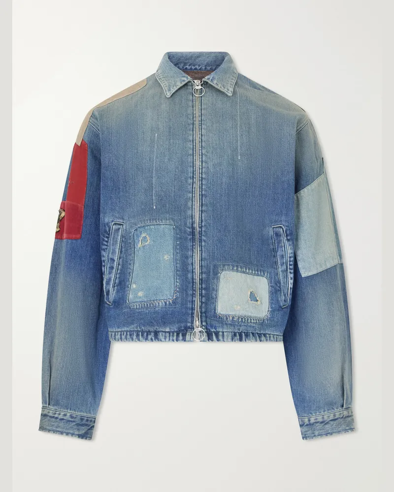 KAPITAL Distressed Patchwork Denim Jacket Blue