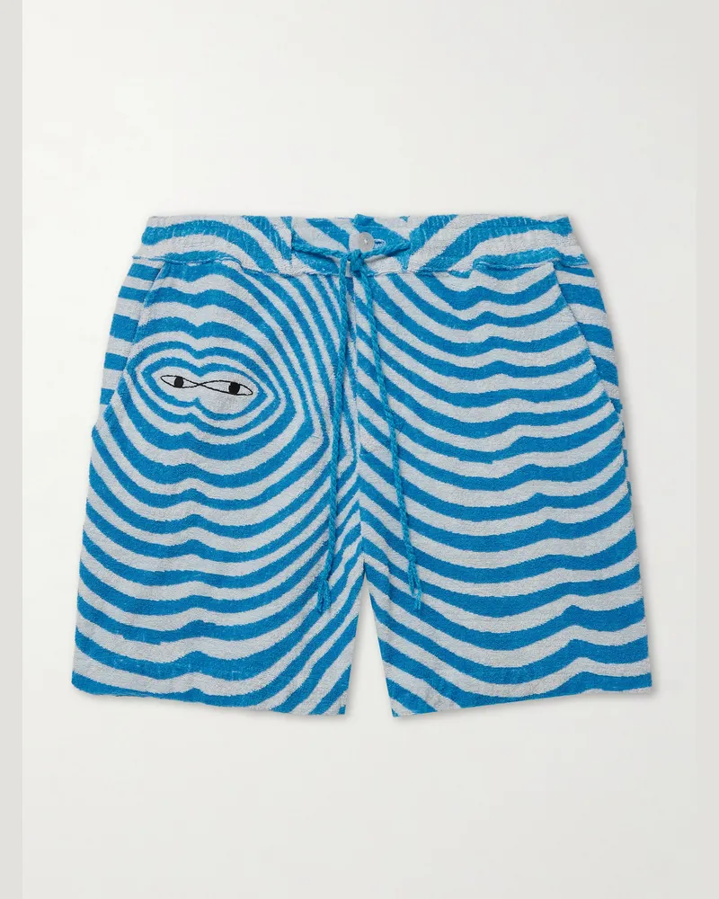 The Elder Statesman Straight-Leg Embroidered Striped Organic Cotton-Terry Drawstring Shorts Blue