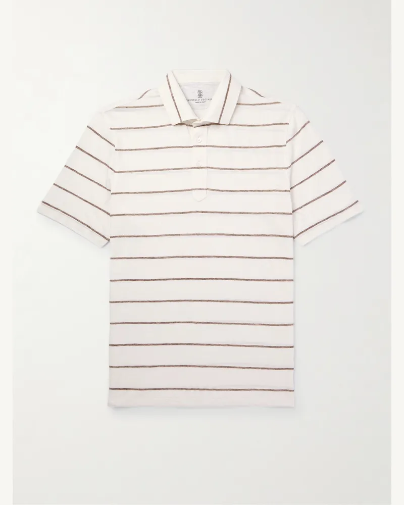 Brunello Cucinelli Gestreiftes Polohemd aus einer Leinen-Baumwollmischung Neutral