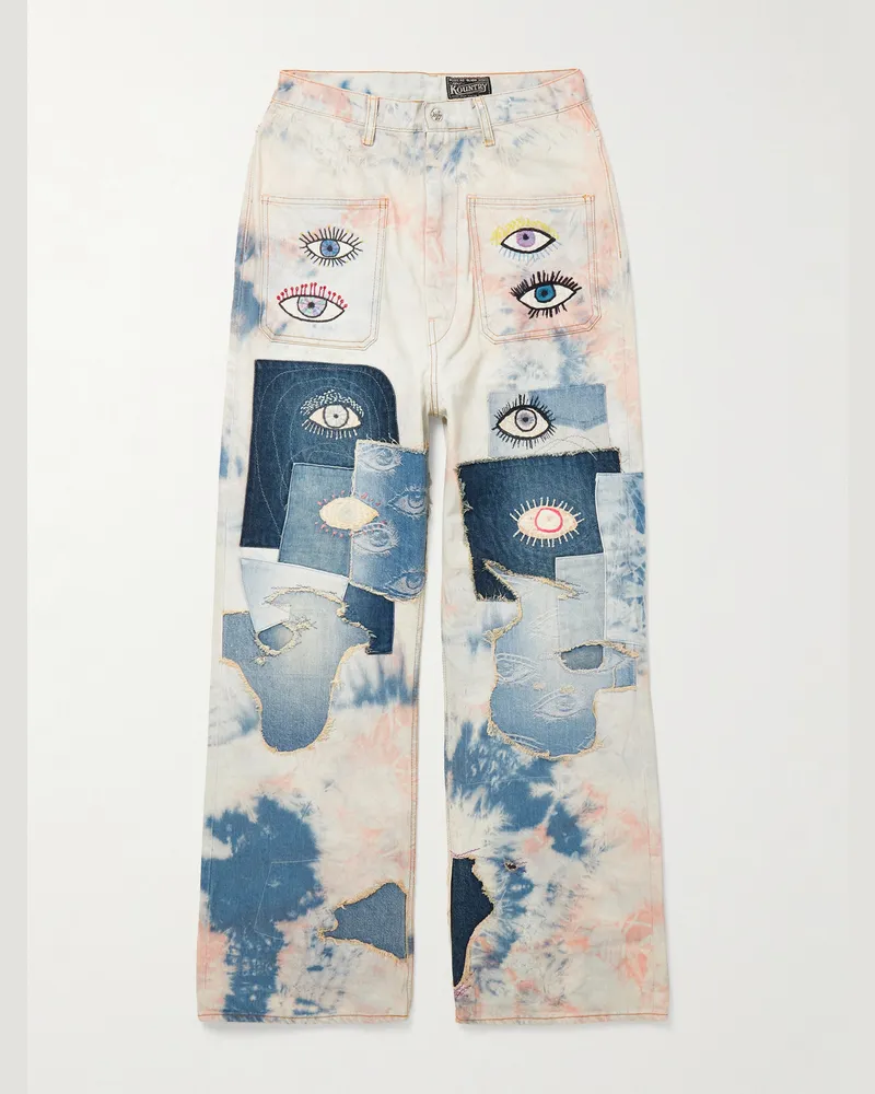 KAPITAL Schmal geschnittene Jeans mit Stickereien und Batikmuster in Patchwork-Optik Blau