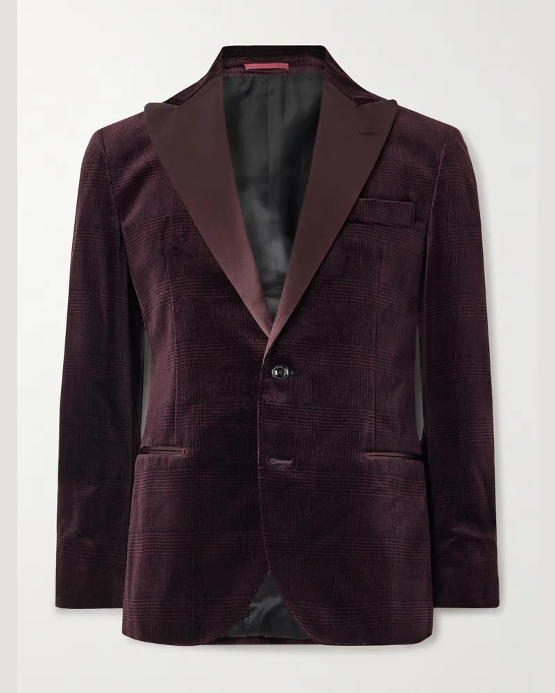Brunello Cucinelli Schmal geschnittene Smokingjacke aus Baumwollsamt mit Glencheck-Muster und Satinbesatz Burgunder