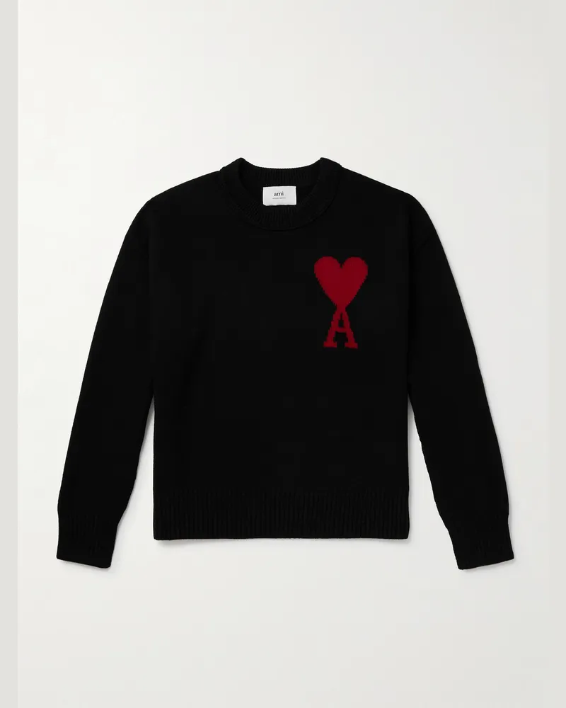AMI Paris Pullover aus Schurwolle mit Intarsienlogomotiv Schwarz