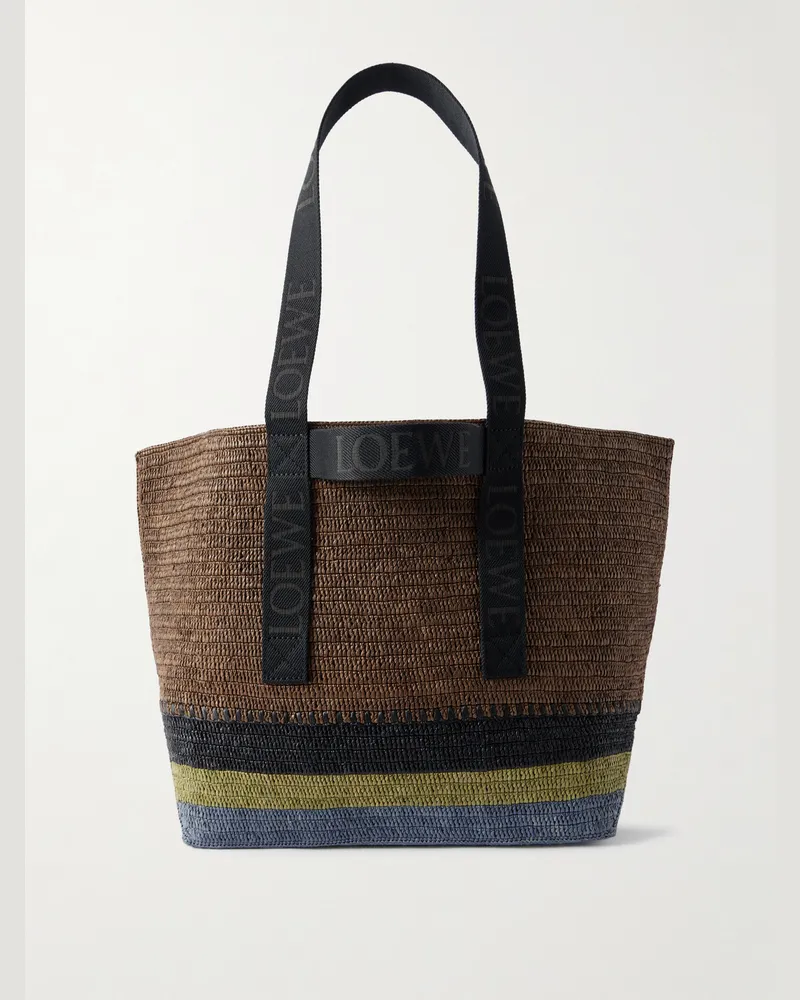 Loewe Fold Tote aus Raffiabast mit Webband und Streifen Braun