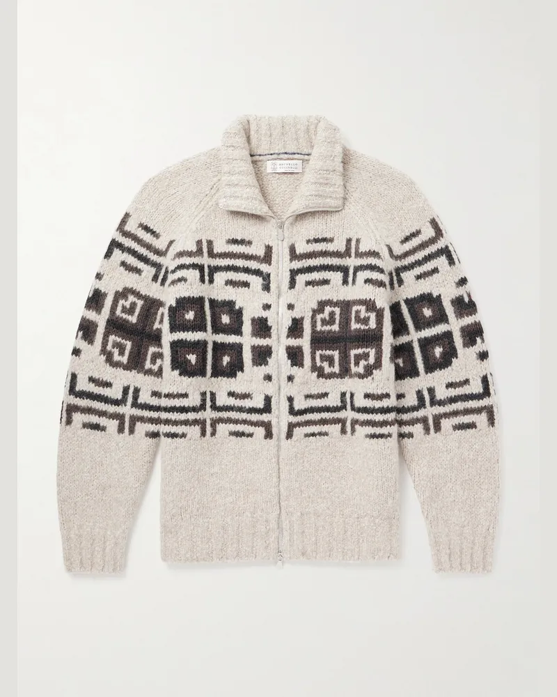 Brunello Cucinelli Cardigan aus einer Alpakawollmischung mit Intarsienmuster Neutral