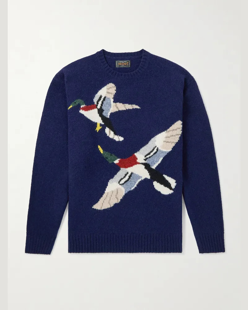 Beams Plus Duck Strickpullover aus Wolle mit Intarsienmotiv Blau