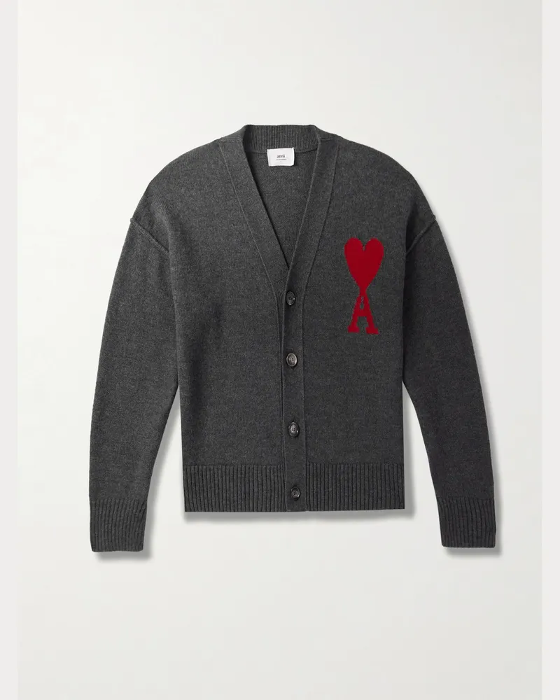 AMI Paris Cardigan aus Merinowolle mit Intarsienlogomotiv Grau