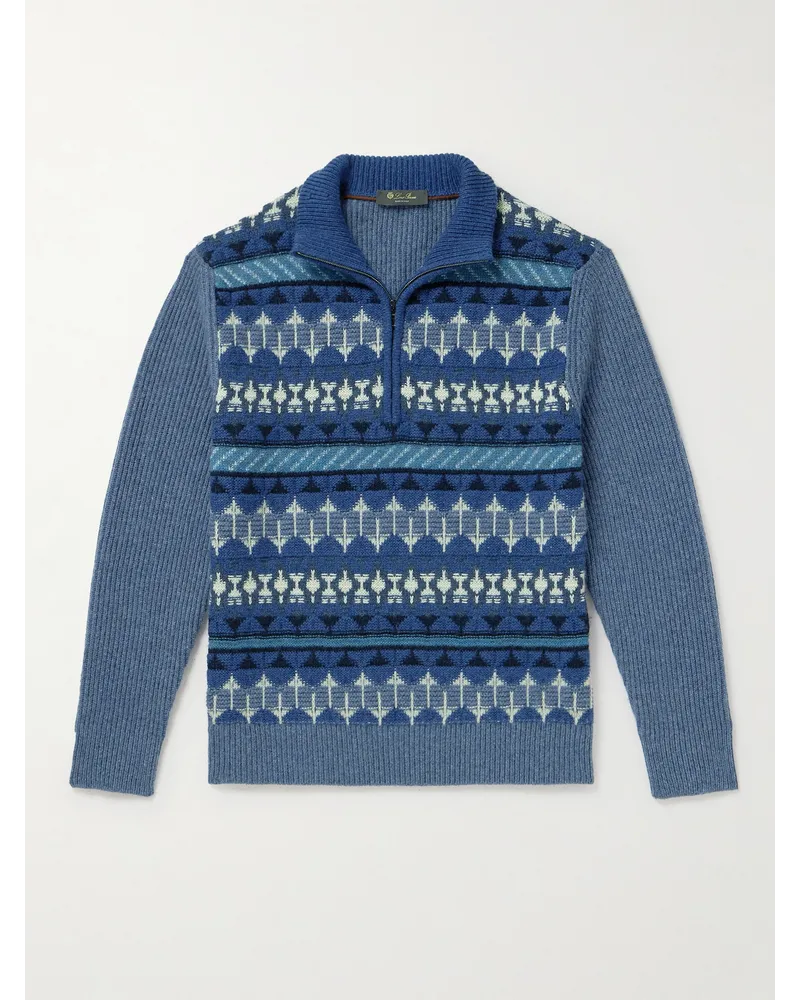Loro Piana Troyer aus Kaschmir in Rippstrick mit Fair-Isle-Muster Blau