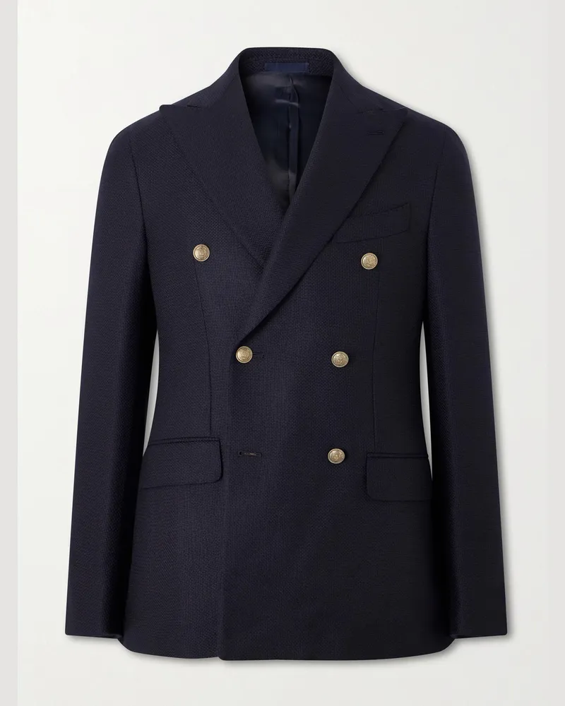 Caruso Aida Double-Breasted Wool-Basketweave Blazer Blue