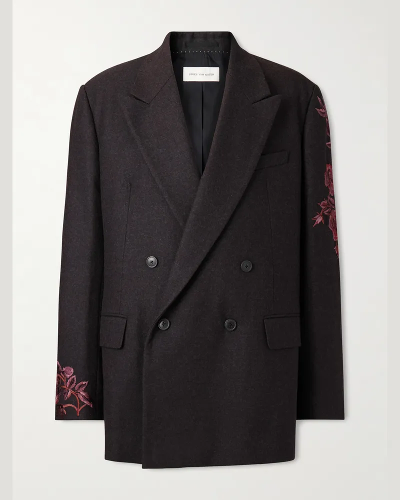 Dries van Noten Double-Breasted Embroidered Wool-Flannel Blazer Brown