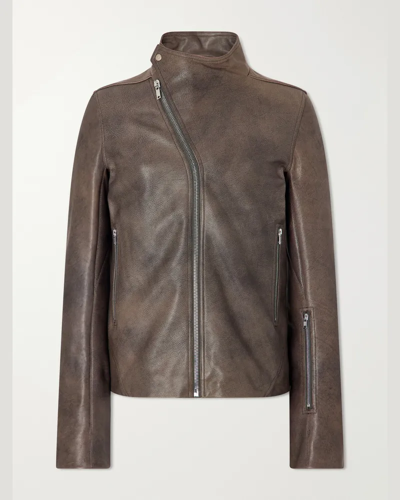 Rick Owens Release Panelled Full-Grain Leather Jacket Brown