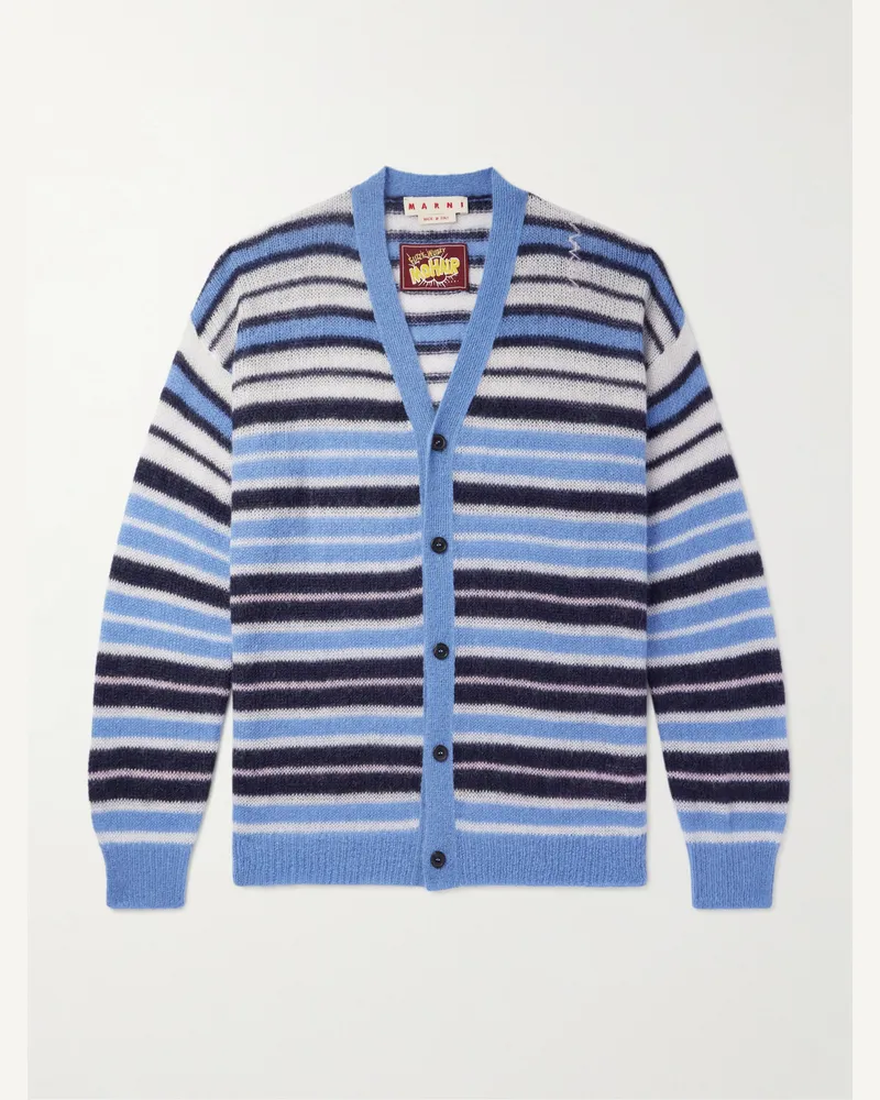 Marni Cardigan aus einer Mohairmischung mit Logostickerei und Streifen Blau