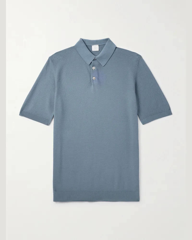 Eleventy Slim-Fit Ribbed Cotton Polo Shirt Blue