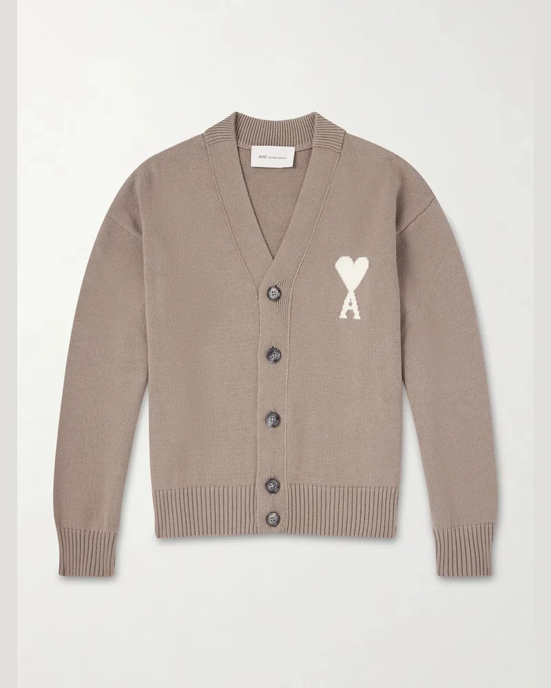 AMI Paris Logo-Intarsia Virgin Wool and Cotton-Blend Cardigan Neutrals