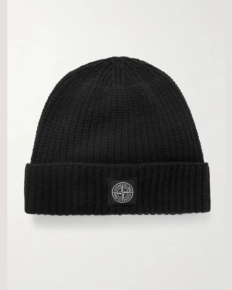 Stone Island Logo-Appliquéd Ribbed Wool Beanie Black