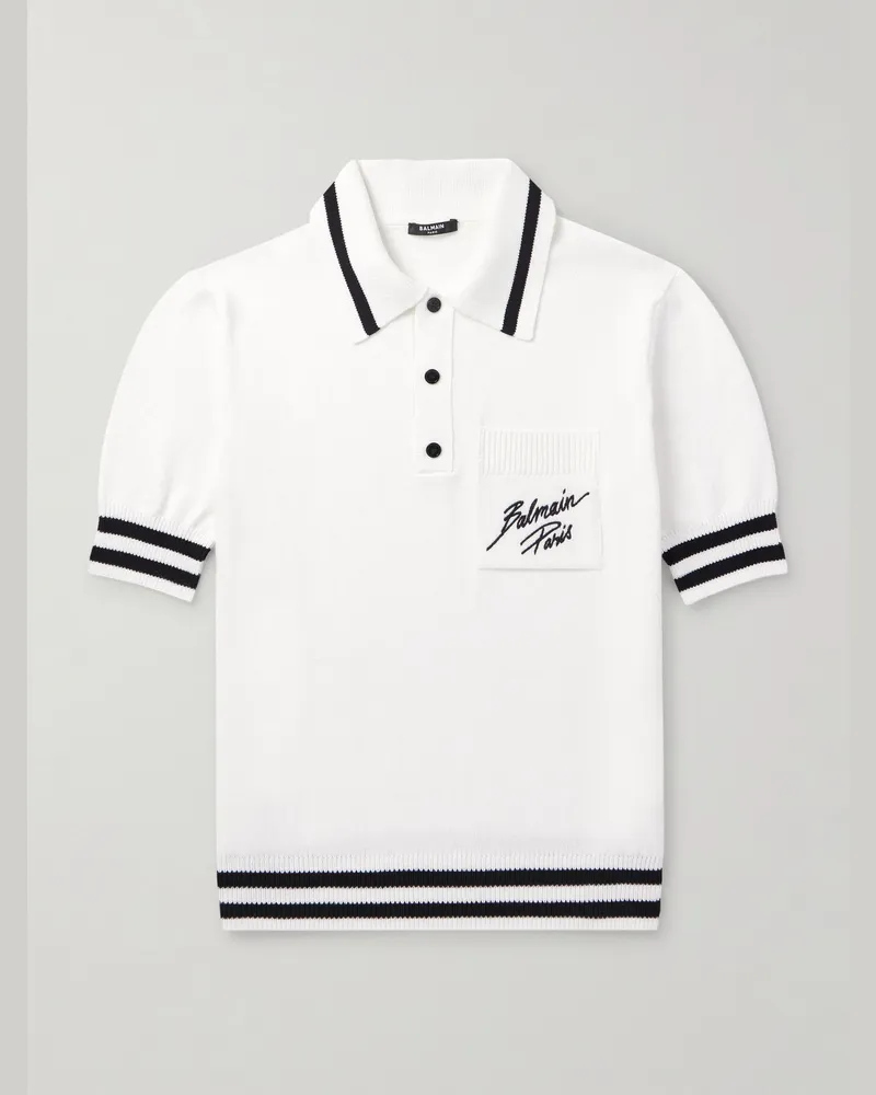 Balmain Polohemd aus Strick mit Streifen und Logostickerei Weiß
