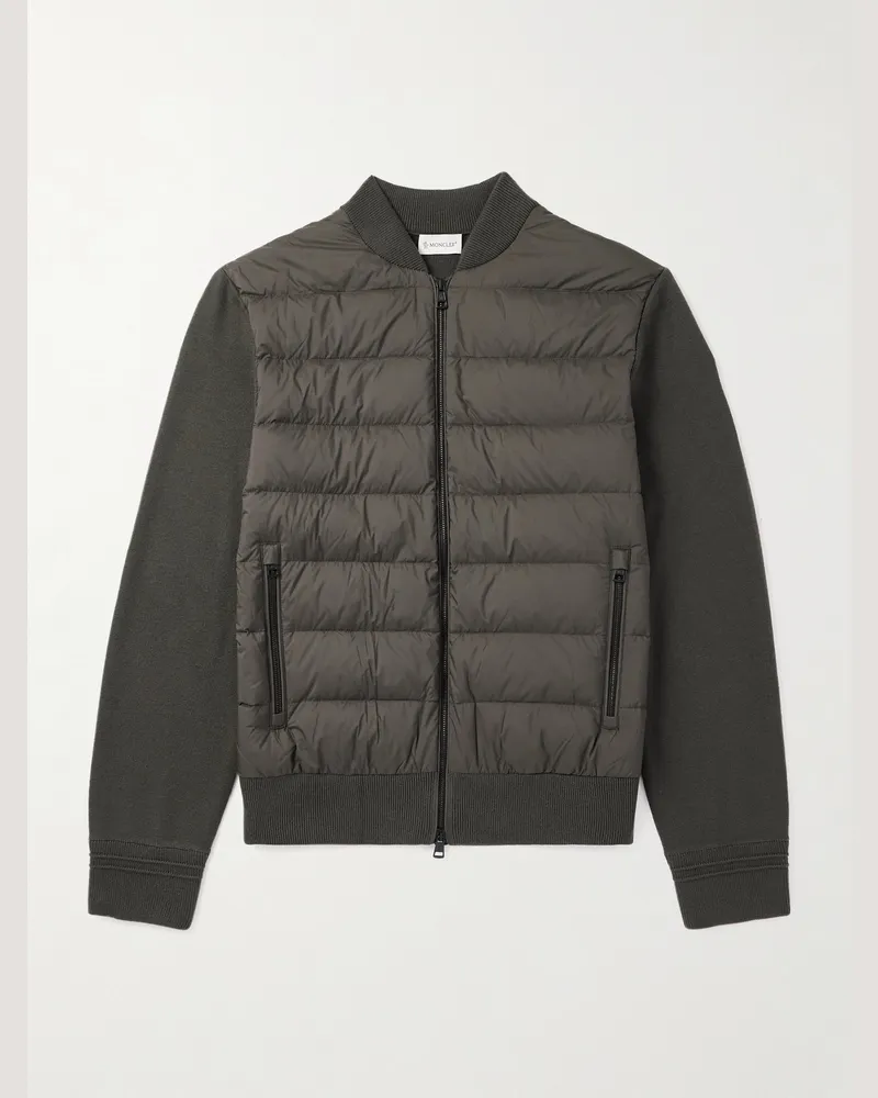 Moncler Cardigan aus Schurwolle und gestepptem Shell mit Daunenfüllung und Reißverschluss Braun