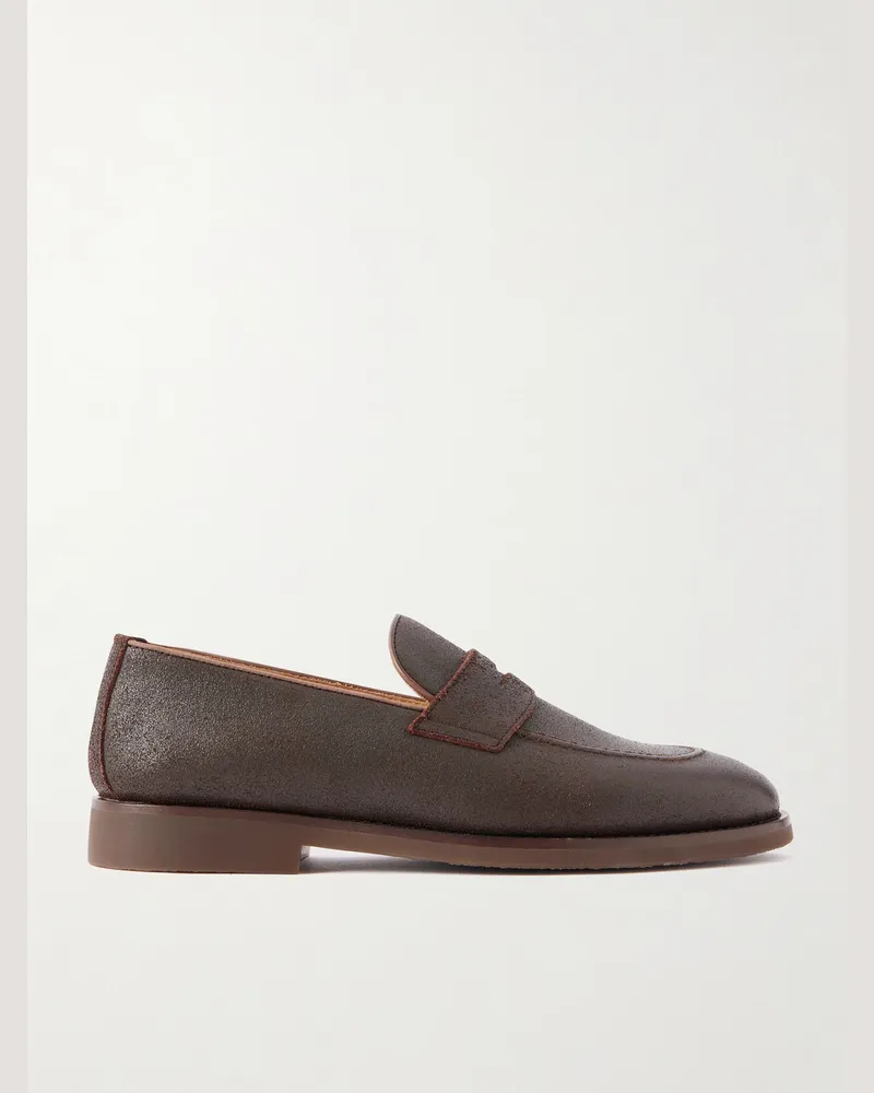 Brunello Cucinelli Flex Waxed-Suede Penny Loafers Brown