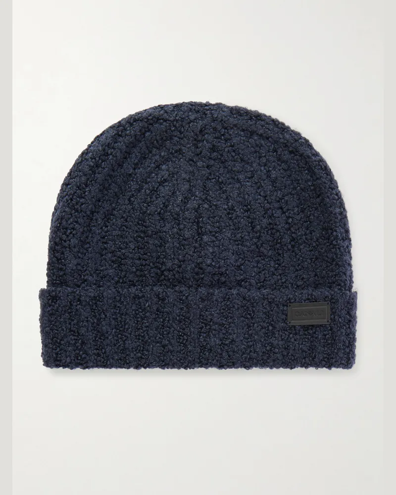 Canali Beanie aus einer Woll-Seidenmischung in Rippstrick Blau