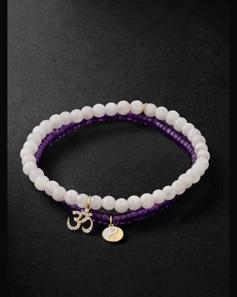 Sydney Evan Set aus zwei Armbändern mit Zierperlen aus mehreren Steinen und Details aus Gold mit Emaille und Diamanten Lila