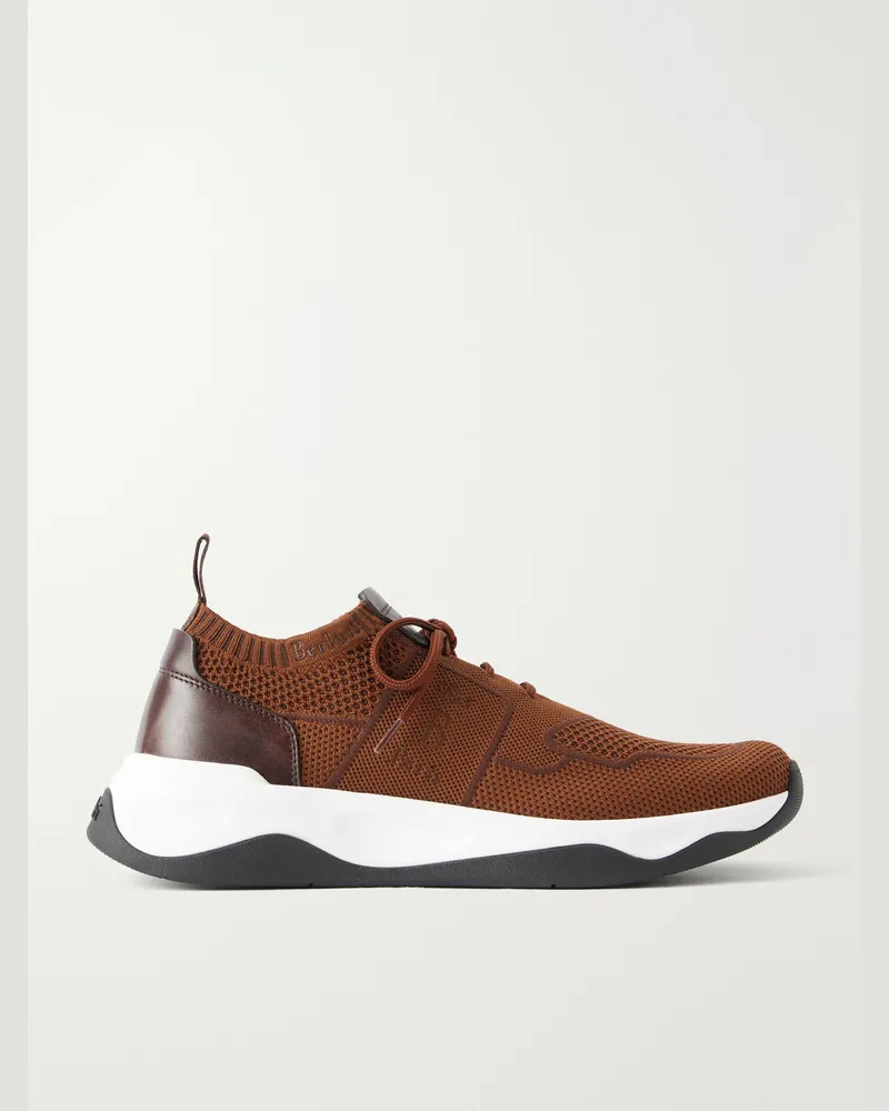 Berluti Shadow Leather-Trimmed Stretch-Knit Sneakers Brown