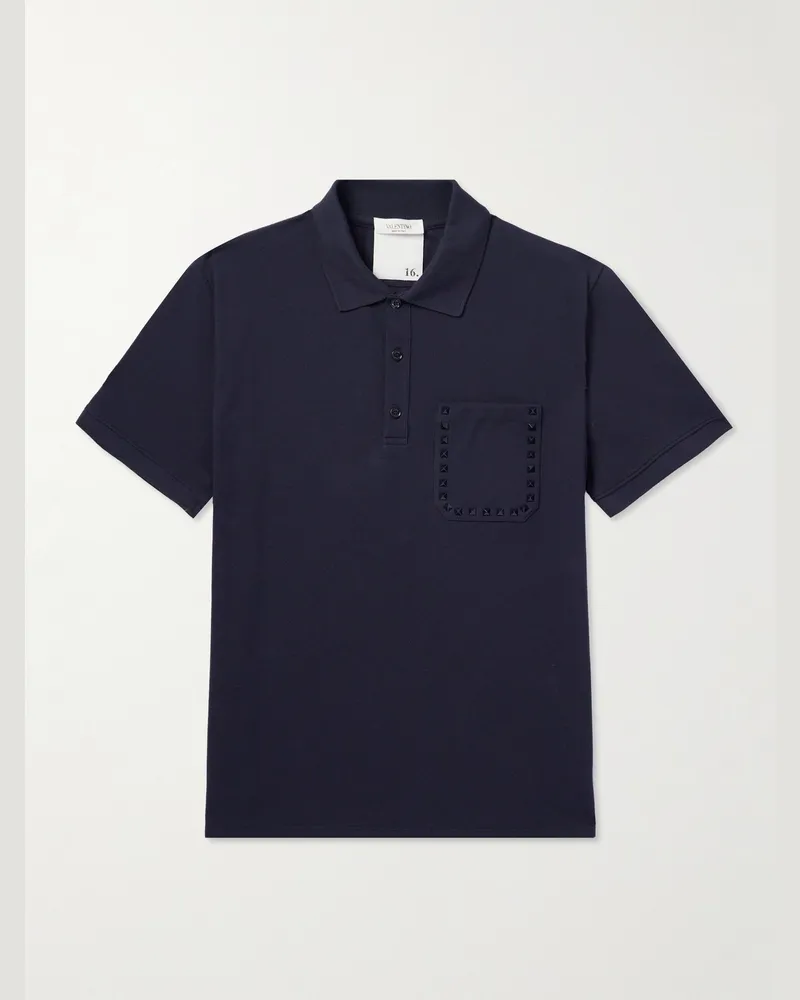 Valentino Garavani Rockstud Embellished Cotton-Piqué Polo Shirt Blue