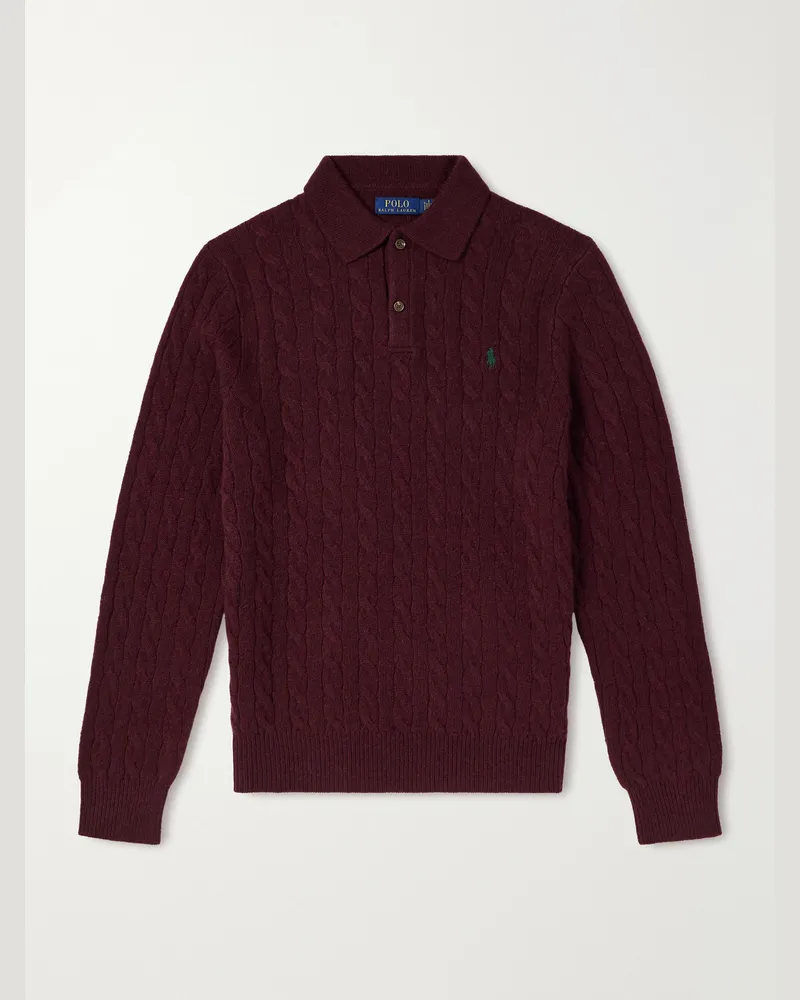 Ralph Lauren Logo-Embroidered Cable-Knit Wool and Cashmere-Blend Polo Shirt Burgundy
