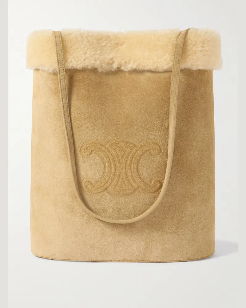 Celine Triomphe Logo-Embossed Shearling Bucket Bag Neutrals