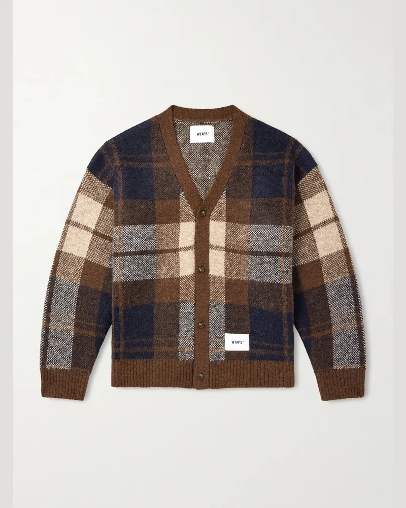 WTAPS Palmer Logo-Appliquéd Checked Jacquard-Knit Cardigan Brown
