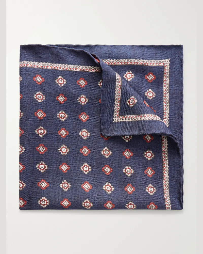 Brunello Cucinelli Printed Silk Pocket Square Blue