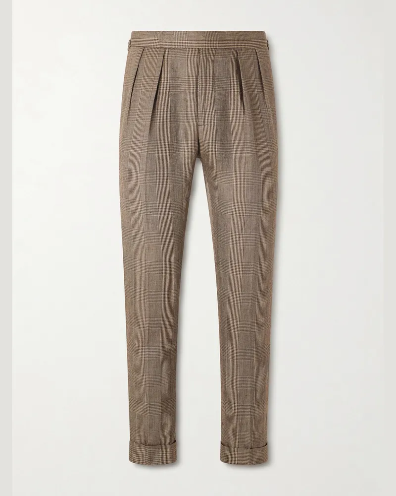 Ralph Lauren Tapered Pleated Prince of Wales Checked Linen-Blend Suit Trousers Neutrals