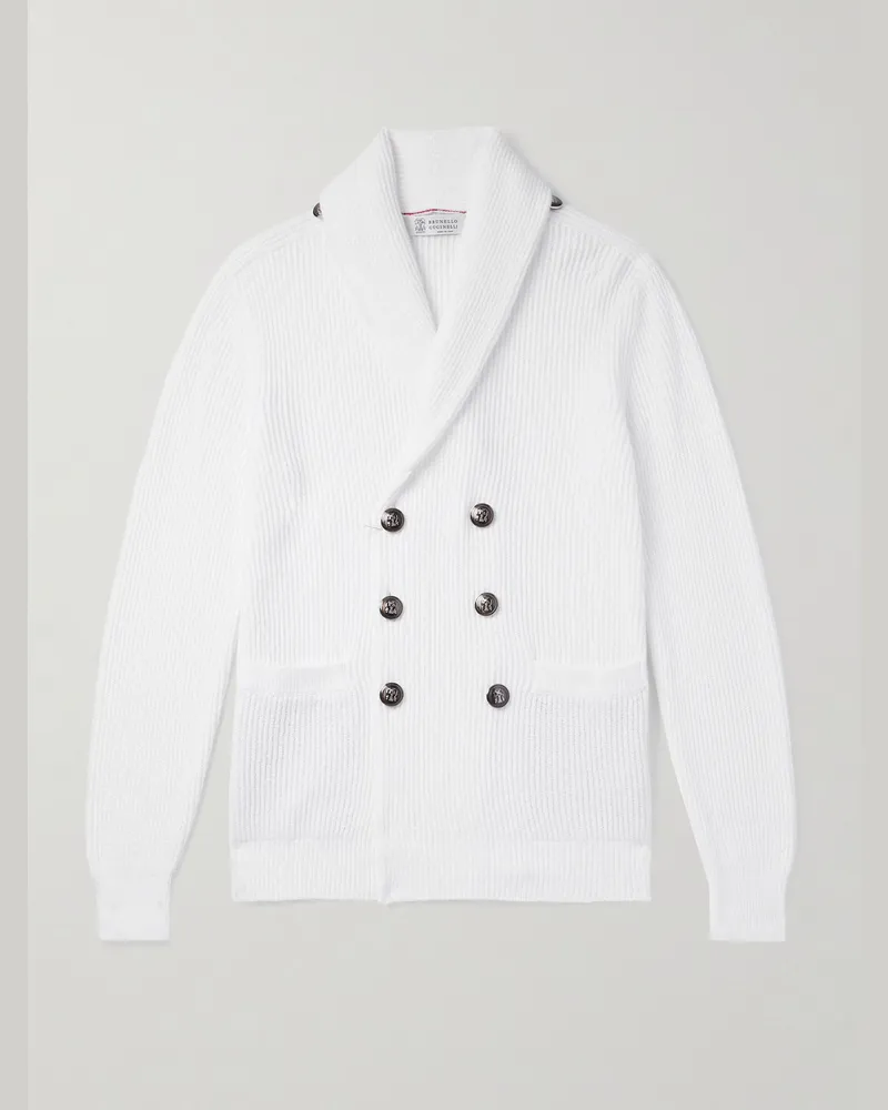 Brunello Cucinelli Doppelreihiger Cardigan aus Baumwolle in Rippstrick mit Schalkragen Weiß