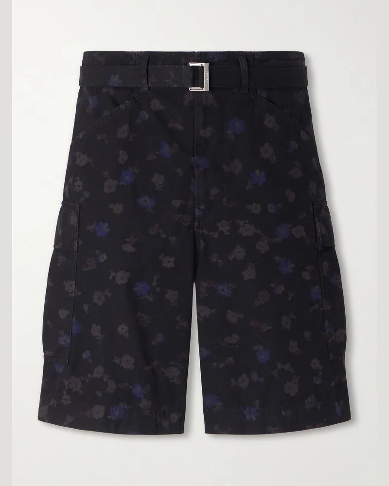 Sacai Weit geschnittene Shorts aus Baumwoll-Canvas mit Blumenprint und Gürtel Schwarz