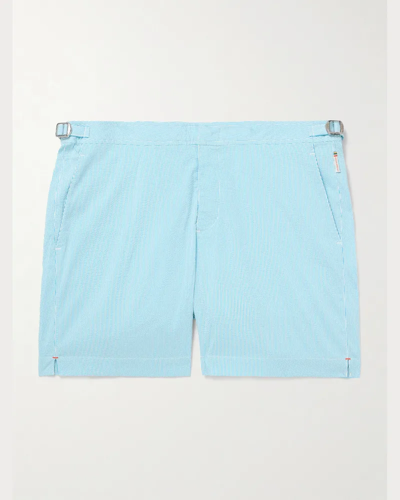 Orlebar Brown Bulldog gerade geschnittene mittellange Badeshorts aus gestreiftem Seersucker Blau
