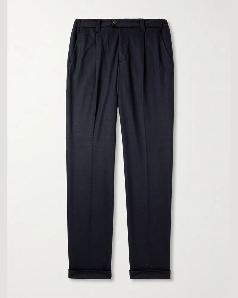 Thom Sweeney Straight-Leg Pleated Wool-Blend Jersey Trousers Blue