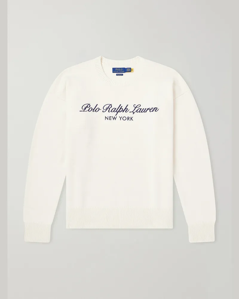 Ralph Lauren Logo-Embroidered Wool and Cotton-Blend Sweater Neutrals