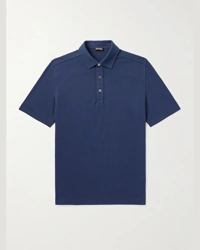 Ermenegildo Zegna Leather-Trimmed Cotton-Piqué Polo Shirt Blue