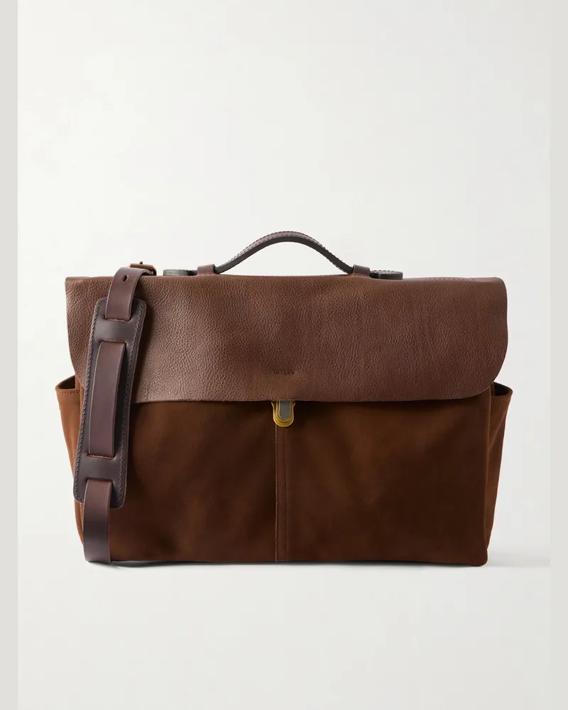 Bleu de Chauffe Charles Leather-Trimmed Suede Briefcase Brown