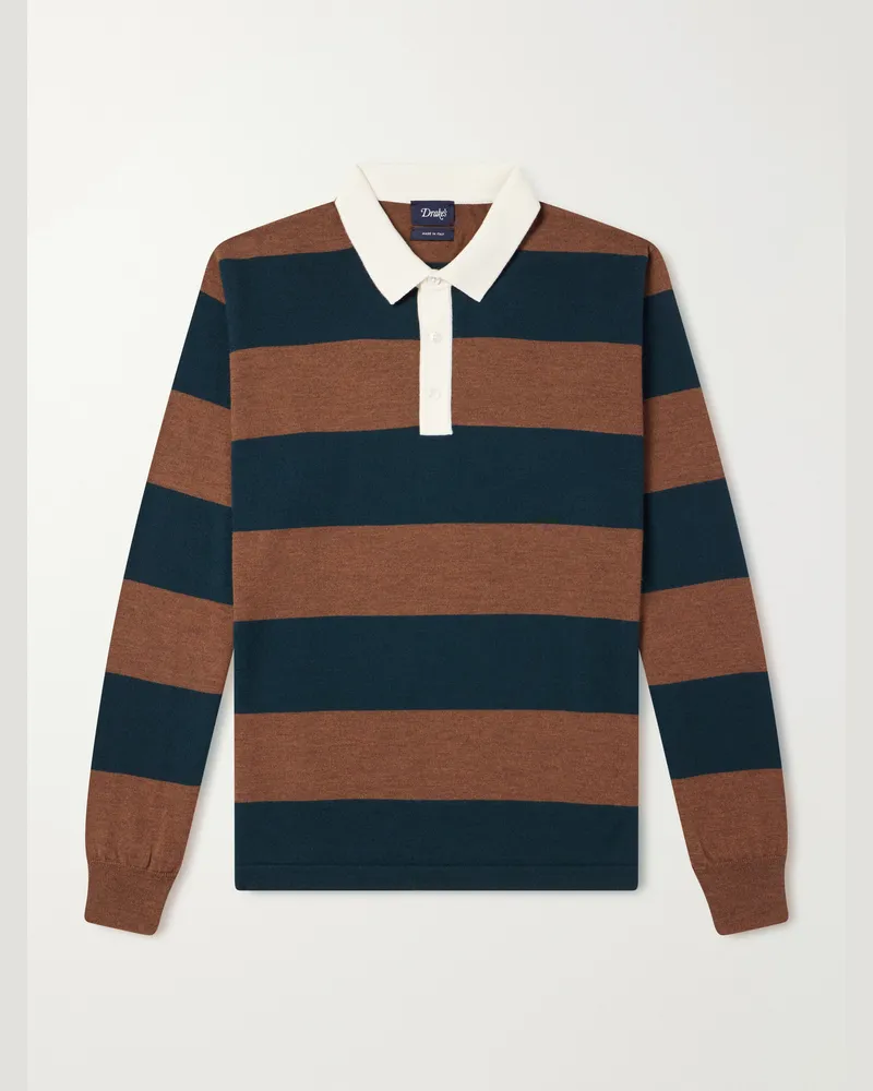 Drake's Striped Merino Wool-Jersey Polo Shirt Green
