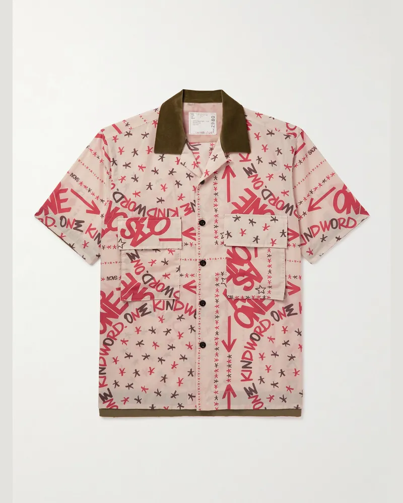 Sacai Eric Haze Hemd aus bedruckter Popeline mit Samtbesatz Pink