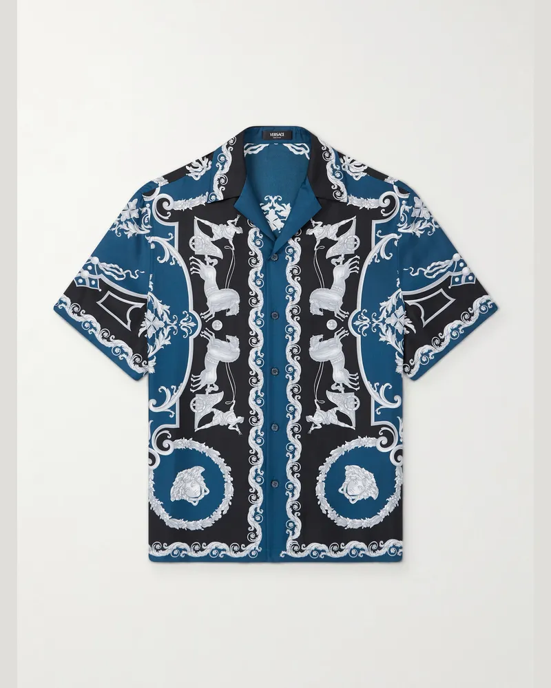 Versace Camp-Collar Printed Silk-Twill Shirt Blue
