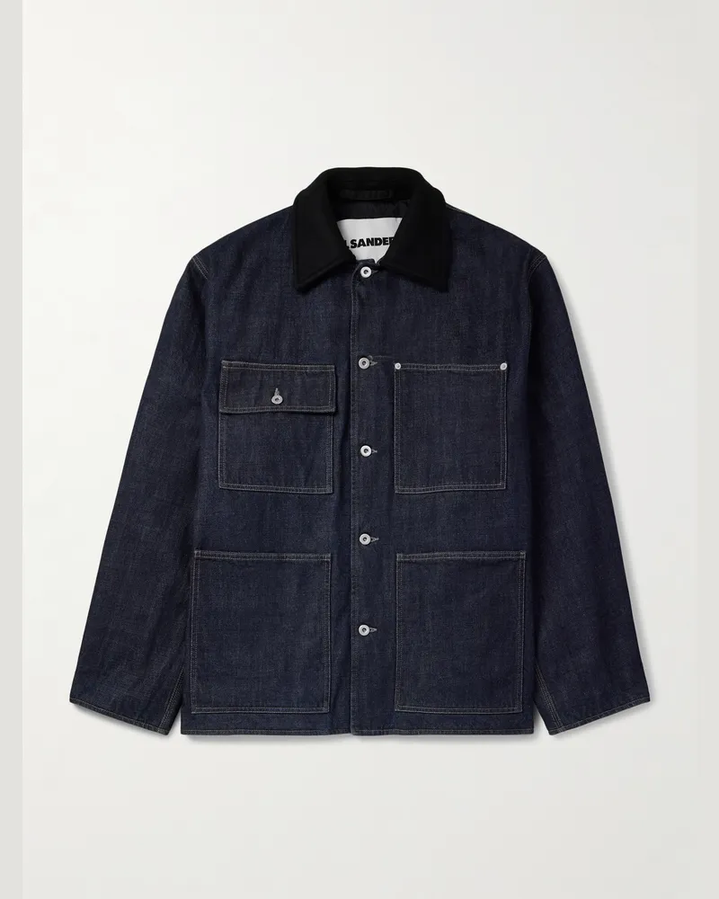Jil Sander Oversized-Jeansjacke mit Wollfilzbesatz Blau