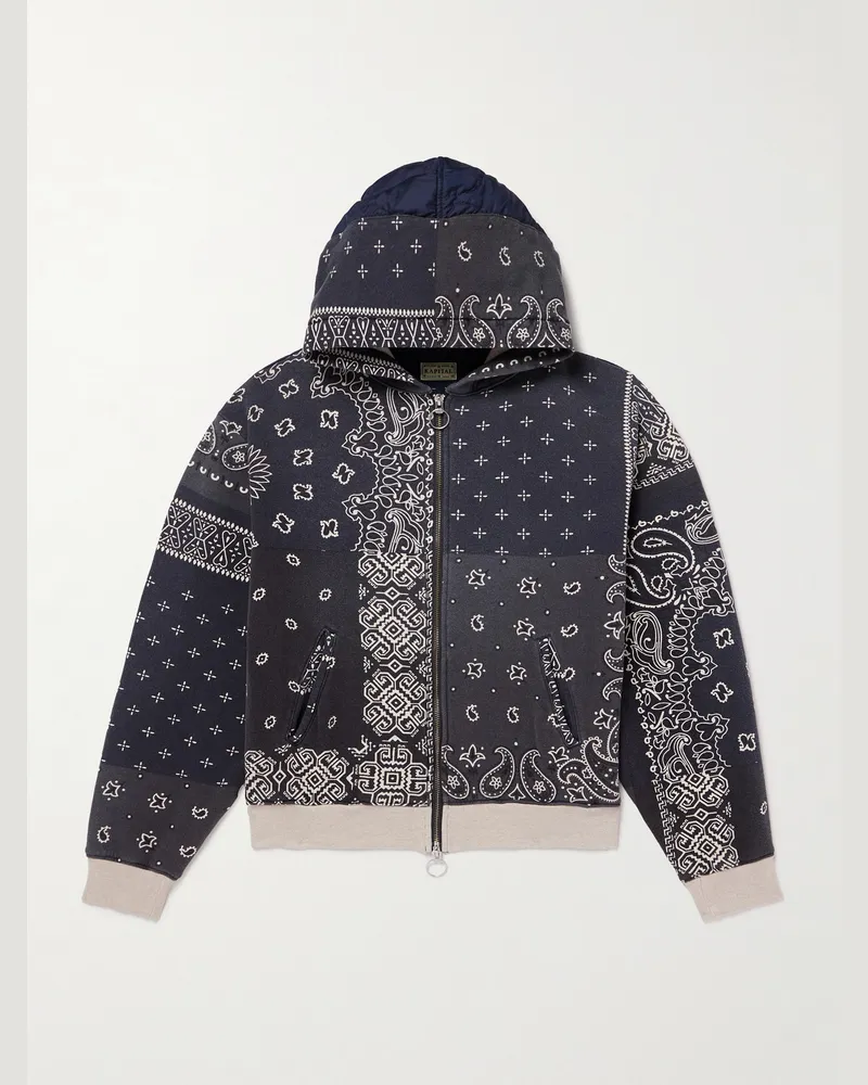 KAPITAL Panelled Bandana-Print Cotton-Jersey and Quilted Shell Hoodie Blue